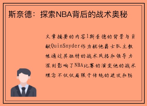 斯奈德：探索NBA背后的战术奥秘